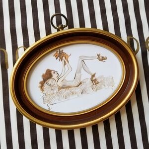 ❗Authentic Henri Bendel Girl and Dog Display Art on Gold Oval Frame❗